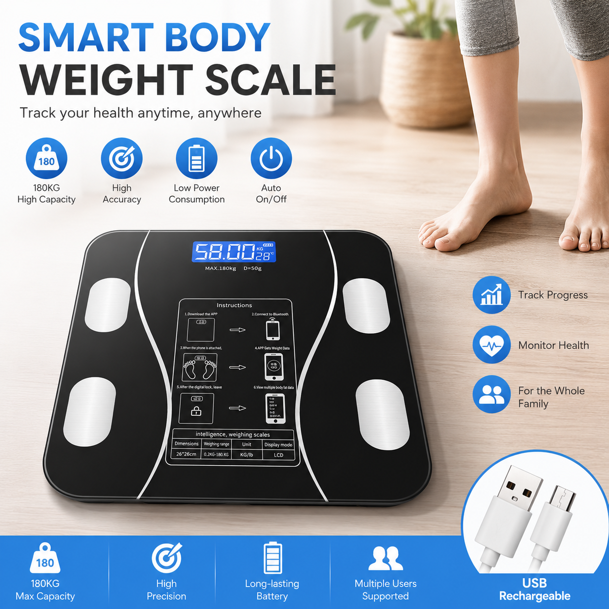 Digital Body Weight Scale - High Precision USB Rechargeable Smart Digital
